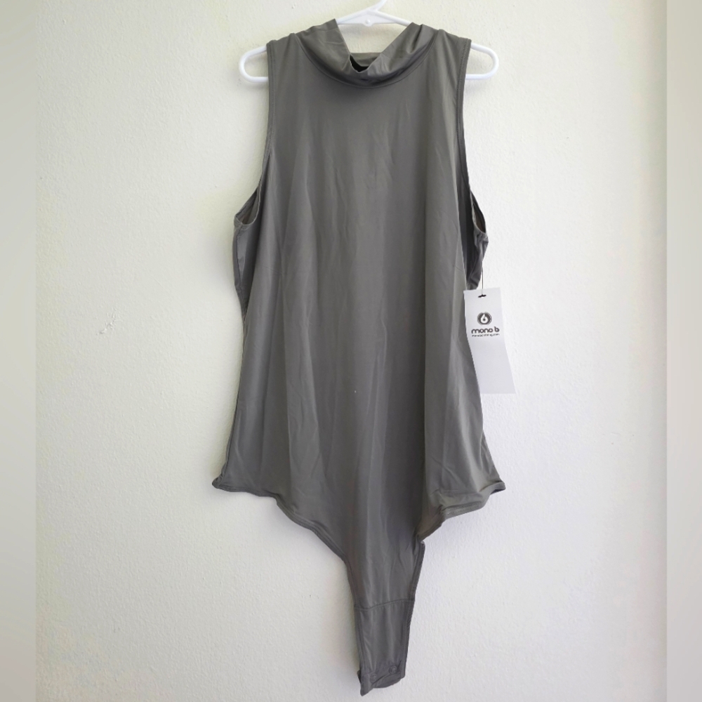 Mono B Gray Mock Neck Sleeveless Bodysuit Snap Closure Sz. S, M, L